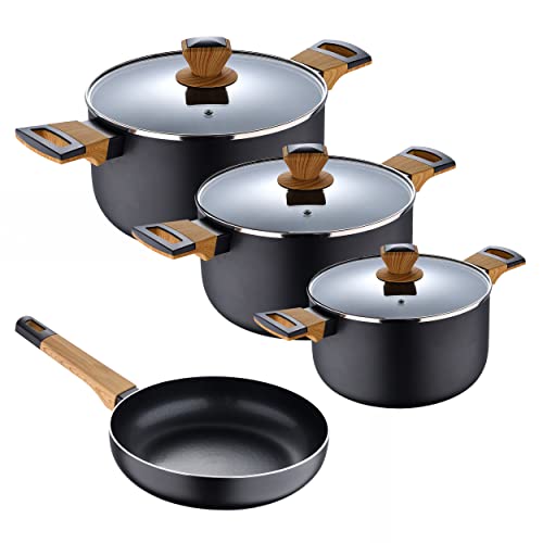 BERGNER Earth | Batería de Cocina de 7Piezas | 3 cacerolas + 1 sartén |Color Negro | Fabricada en Aluminio Prensado | Menaje de Cocina | Compatible con Todo Tipo de Cocinas