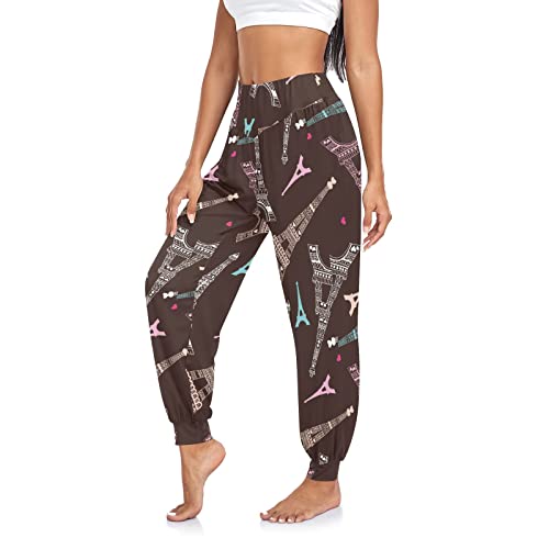 CHIFIGNO Pantalones deportivos de caricaturas para mujer, pantalones deportivos con cintura elástica, Romántico San Valentín Torre Eiffel, X-Large