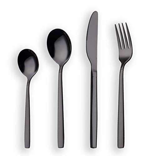 Berglander Juego de Cubiertos, 24 Piezas, Plateado Negro, 24 Piezas Juego de Cubiertos, Negro, Juego de Cubiertos, Servicio para 6 (Negro Brillante)