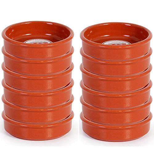 Pack de 12 cazuelas redondas de barro, diámetro exterior 9.8 cm, diámetro interior 8.5 cm, aptas para vitro y horno
