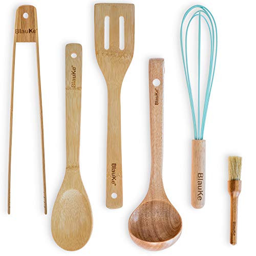 BlauKe® Set Utensilios de Cocina de Madera – Juego de 6 Accesorios de Cocina Originales para Menaje de Cocina Antiadherentes (Cuchara, Espatula, Cucharon, Batidor, Pincel, Pinzas)