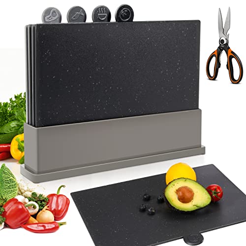 MASTERTOP Juego de 4 Tablas de Cortar en Plástico con Soporte Tablas de Cocina Multiusos en PP de Calidad Alimentaria Aptas para Lavavajillas Tablas para Picar Carne, Pescado y Verduras