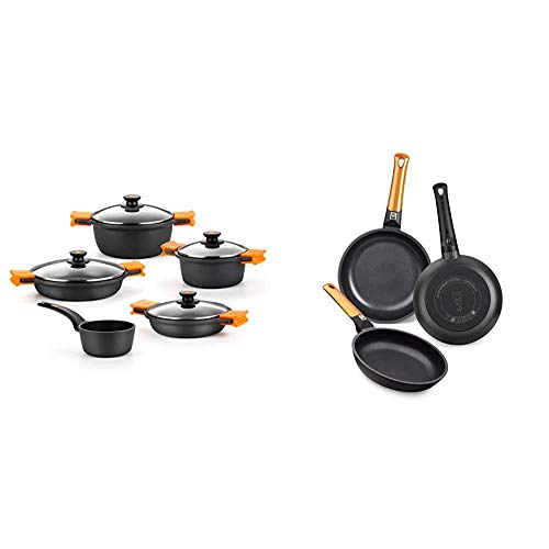 BRA Efficient - Batería 5 piezas, de aluminio fundido con antiadherente + Efficient Orange Set de 3 sartenes, Aluminio Fundido, aptas para Todo Tipo de cocinas, 20-24-28 cm