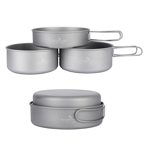iBasingo Juego de 3 sartenes de titanio para camping con mango plegable, ligero, portátil para 1 persona, utensilios de cocina para mochileros, excursionistas, campistas.