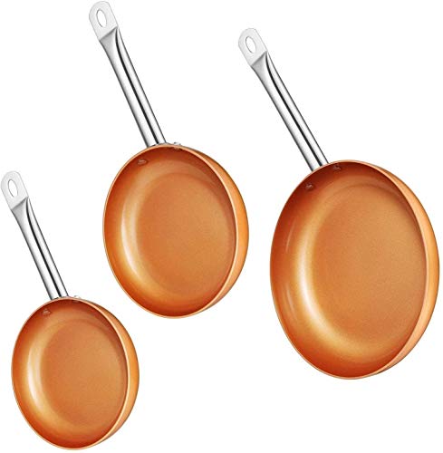 JUEGO 3 SARTENES ANTIADHERENTE APTO PARA TODO TIPO DE COCINAS INCLUIDA INDUCCION COLOR COBRE APTO PARA HORNO MANGO ACERO COPPER PAN