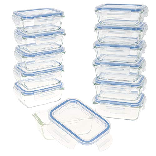 AKTIVE - Pack 12 Recipientes Herméticos de Vidrio, Tupper Cristal Apto para Microondas, Envases para Comida con Cierre, 330 mililitros, Tapas Rectangulares, transparentes, Contenedor de Alimentos