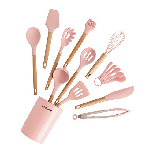 CREATE/SET DE UTENSILIOS DE COCINA DE SILICONA Y MADERA Rosa / 8 utensilios
