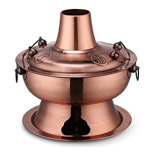 Olla Shabu Horno Clásico Carbón Cobre Olla Caliente Shabu Shabu Acero Inoxidable Estofado Chino Olla De Sopa Sartén De Cocina Shabu Con Chimenea Para 2-7 Personas Reunión Familiar,Red copper,34cm