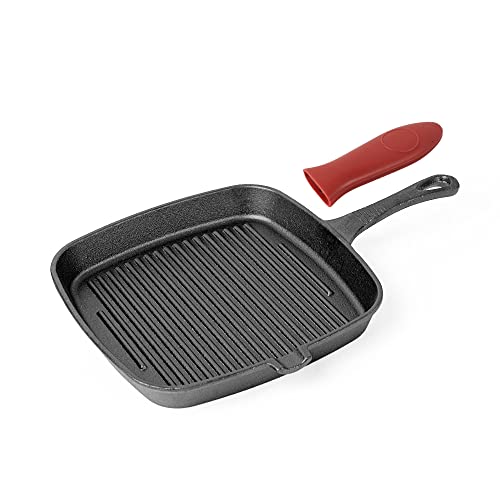 Sartén cuadrada de hierro fundido – Sartén cuadrada para parrilla – Sartén presazonada para bistec, carnes, tocino y pescado, diseño de boquilla y rayas – Sartén para barbacoa de 9 pulgadas
