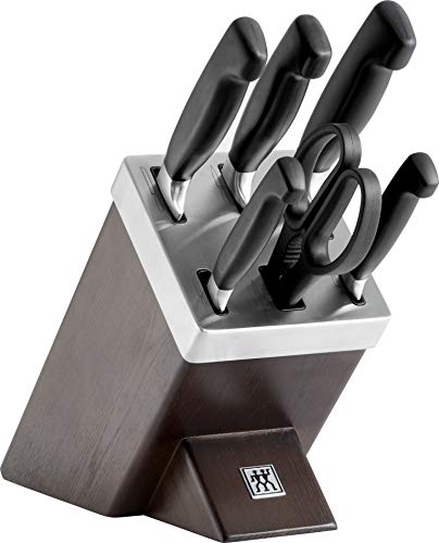 ZWILLING Bloque de cuchillos auto-afilables, 7 piezas, bloque de madera, cuchillos y tijeras con mango especial de acero inoxidable/plástico, Four Star