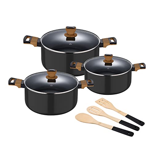 SAN IGNACIO Earth | Juego de Cocina | Batería de Cocina de 9 Piezas con 3 Cacerolas y 3 Utensilios | Fabricadas con Aluminio Prensado | Juego de Cacerolas | Aptas para Todo Tipo de Cocinas