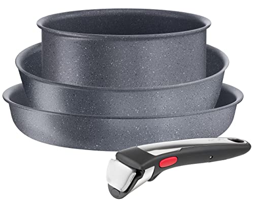 Tefal Ingenio Natural On Juego 3 piezas + Mango extraíble - Revestimiento antiadherente Mineralia,indicador de temperatura, cocina saludable, fácil limpieza, fabricado Francia, apto para inducción