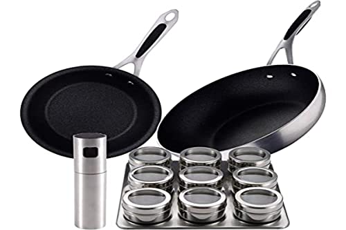 BERGNER Masterpro BG Sartén Ø16 + Wok Ø28 + Set vinagrera y aceitera en Spray + Botes especieros con Bandeja organización, Aluminio Forjado