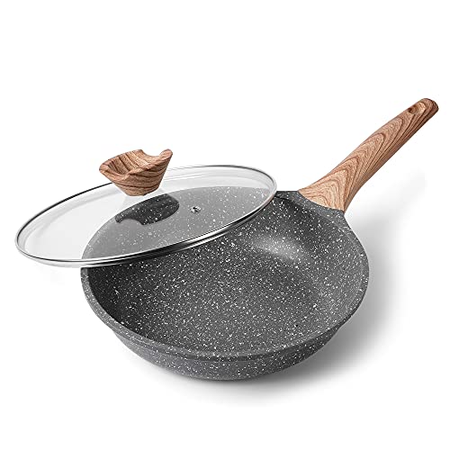 ZUOFENG Sartén Antiadherente de 24CM, Aluminio Fundido Sartenes Para Saltear, Para Todo Tipo de Cocinas Incluida Inducción y Vitrocerámica. (Gris, 24_cm+Tapa Vidrio)