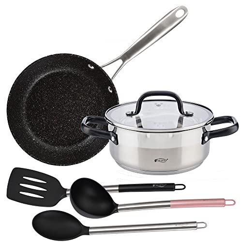 Set de Cacerola 20x8.5 cm con tapa, acero inox+ Sarten 20x5cm aluminio forjado apta para inducción + 3 utensilios de cocina nylon SAN IGNACIO VITA