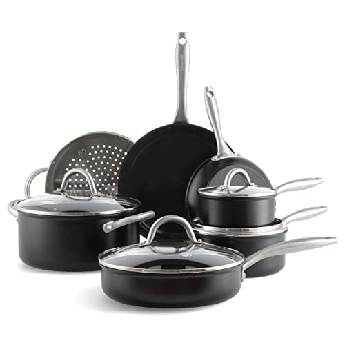 GreenPan Lima Midnight Juego de 11 Ollas y Sartenes de Cerámica Saludable Anodizada Dura, Incluye sartenes, cacerolas, ollas, Sin PFAS, Apto para Lavavajillas,Apto para Inducción,Apto para Horno,Negro