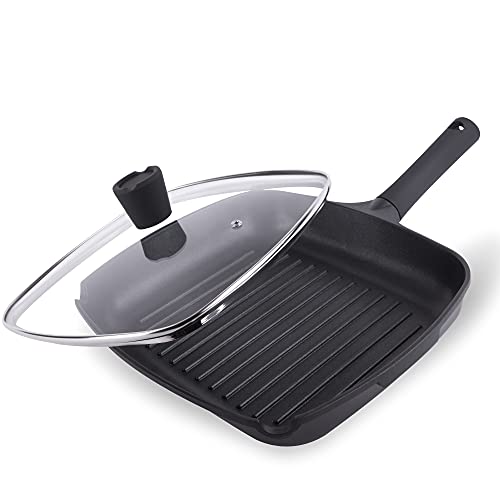 La Moustache - Sartén Plancha Cuadrada 28 cm con Tapa de Cristal, Sartén para Asar a la Parrilla - Grill Asador con Rayas para Todas las Cocinas - Inducción - Gas - Placa Eléctrica - Vitrocerámica