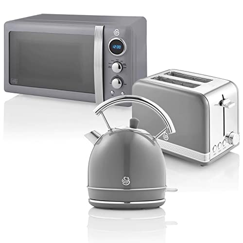 Swan Retro Set Desayuno Hervidor de Agua 1,8 L, Tostadora Pan Ranura Ancha 2 Rebanadas, Microondas Digital 20L, 6 Niveles de Potencia,Temporizador, Puerta Espejo, Diseño Vintage, Gris, Talla Única