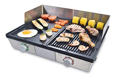 Solis Deli Grill 7951 Parrilla Electrica - Placa de Plancha de Acero Inoxidable - 2 Placas Para Carne, Pescado y Verduras - Anti Arañazos y Apta Para el Lavavajillas - 2200W - Plata/Negro