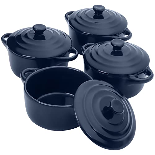 Belle Vous Mini Cazuelas de Cocina de Cerámica - Set Cacerola Horno con Tapa (Pack de 4) Cazo Pequeño de 170 ml Redondo Azul Marino - Ramekin con Tapa y Asa para Hornear, Suflé y Creme Brulee