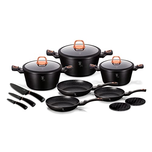 Berlinger Haus Black Rose Batería Inducción, Antiadherente Mármol sin PFOA, Aluminio, Set 3 Cazuelas/3 Tapas Cristal/3 Sartenes/3 Cuchillos/2 Salvamanteles, Vitrocerámica, Negro Mate (BH-7187)