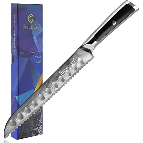 Sunnecko Cuchillo de Pan 20 cm Damasco Cuchillo de Cocina Professional Cuchillo Panero, Acero de Damasco Japonés VG-10 Mango ergonómico G10 -Serie élite