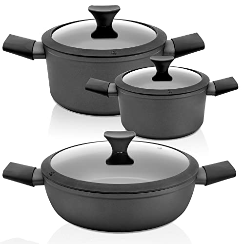 FLORINA Heston Batería Cocina Inducción, Cazuelas 20-24cm Altas-26cm Baja, Aluminio, Tapa de Cristal, Capas Antiadherente Ecológico PFLUON Cookmark sin PFOA, Vitrocerámica, Gas, Negro (1G0057-58-59)