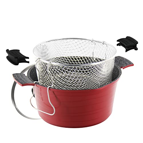 ROSSETTO Freidoras,sarten freidora con cestillo extraíble y tapa de cristal,Aluminio fundido con recubrimiento antiadherente,Rojo-24cm,apto para lavavajillas y todos tipos de Cocinas Incluso Induccion