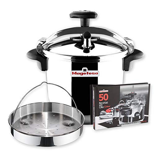 MAGEFESA ® Star Olla a presión rápida de 6 litros, Pack Exclusivo Olla + Cestillo + Libro de Recetas, fácil Uso, Acero Inoxidable 18/10, Apta para Todo Tipo de cocinas, Incluido inducción, Express