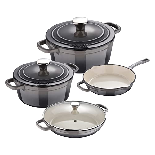 MasterPro Unique | Batería de Cocina de 7 Piezas | Juego de Cocina con 3 Cacerolas de 19, 27 y 30,5 cm con Tapas y 1 Sartén de 24,5cm | Hierro Fundido | Aptas para Todo Tipo de Cocinas