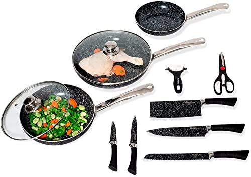 MAXELLPOWER JUEGO DE 3 SARTENES 2 TAPAS CUCHILLOS TIJERAS COLOR NEGRO PIEDRA APTO HORNO SARTENES BLACK + CUCHILLOS BLACK