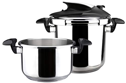 MAGEFESA ® Nova Olla a presión super rápida de 4 + 6 L, fabricada en acero inoxidable 18/10, apta para todo tipo de cocinas y inducción, 5 sistemas de seguridad, fondo termodifusor, facil uso, express