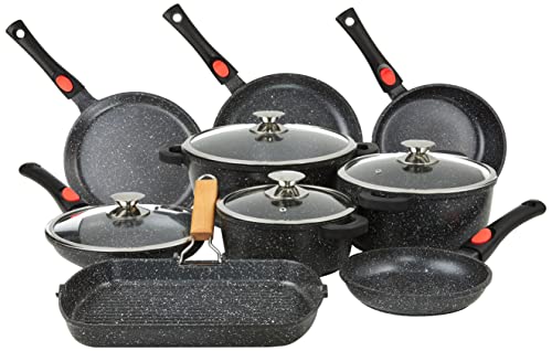 Kamberg Batería de Cocina de 24 Piezas, aluminio fundido, revestimiento piedra, todo tipo de fuentes de calor, incluida la inducción, mango extraíble, sin PFOA, negro