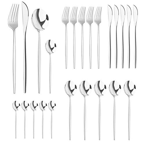 24 Piezas Juego de Cubiertos Acero Inoxidable Cuberterias Completas 6 Personas con Cuberteria Tenedores Cuchillo Cuchara Acabado Pulido Brillante Apto para Lavavajillas | Plata