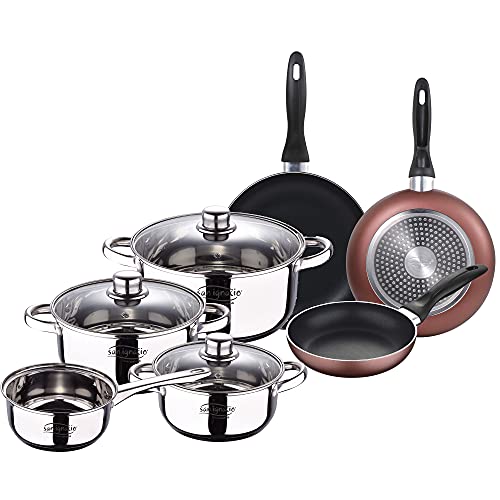 San Ignacio Bateria 7pcs acero inoxidable: Cazo sin tapa Ø16 / Cacerolas con tapa Ø18 ; Ø20 y Ø24 (4.0L) y Set de 3 sartenes Ø16/20/24 cm, aluminio prensado