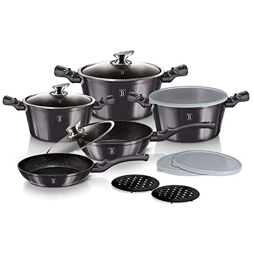 Berlinger Haus Carbon Pro Batería Cocina Inducción 13 Piezas, Antiadherente Mármol sin PFOA, Aluminio, Set 3 Cazuelas, 3 Tapas Cristal 3 Herméticas, 2 Sartenes, 2 Salva Manteles, Vitrocerámica