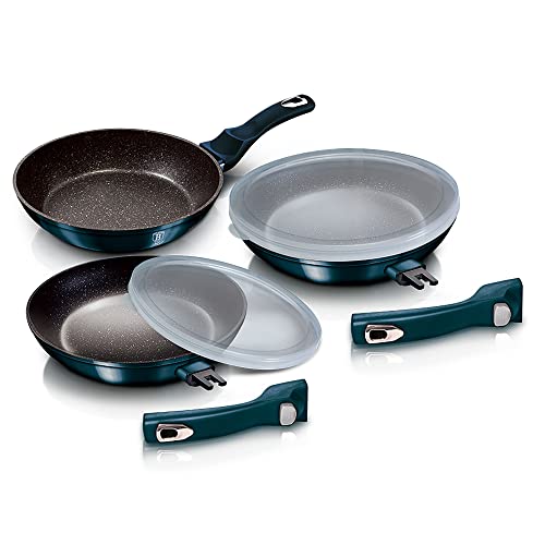 Berlinger Haus Aquamarine Juego 3 Sartenes Inducción 20-24-28 cm Aluminio Forjado, Antiadherente Ecológico sin PFOA, Tapas Herméticas, Mangos Desmontables, Diseño Metallic, Vitrocerámica, Gas