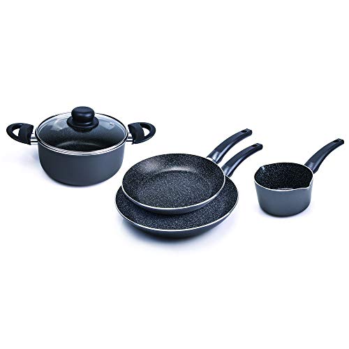 Alluflon Tradizione Italia Batería de 5 piezas: sartenes 24 – 28 cm, Cacerola con Tapa de Vidrio 20 cm, Cazo 1 Mango 14 cm, Aluminio