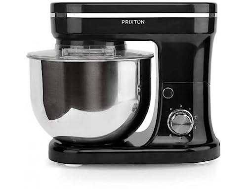 PRIXTON KR200 - Batidora Amasadora Reposteria Potencia 1200 W 6 Velocidades Bol Acero Inoxidable 5 litros 3 accesorios Tapa Transparente - Negro