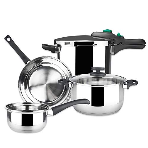 MAGEFESA ® Dynamic + Style bateria de cocina, 6 piezas, incluye olla presión Dynamic 5 litros, sarten sin antiadherente, cacerola con tapa, cazo, fabricada en acero inoxidable, saludable, ecologica