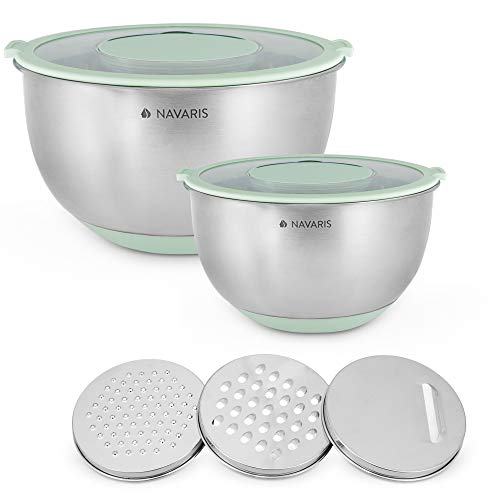 Navaris Set de 2X Cuenco de Acero Inoxidable - Juego de Boles de Cocina con 2 x Tapa y 3X rallador - Cuencos con 2X Base de Silicona Antideslizante