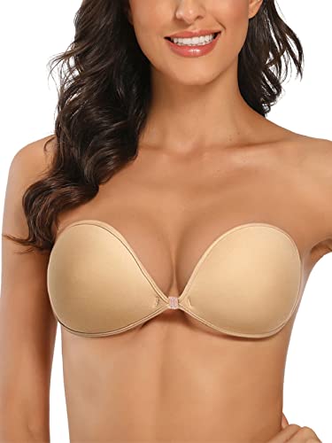 Joligiao Sujetador Adhesivo Push up Sin Espalda Sujetadores Invisible Sujetador Reutilizable Bra sin Tirantes Sticky Bra Invisible Bra Silicone Bra para Mujer(Beige,XL-D Cup)