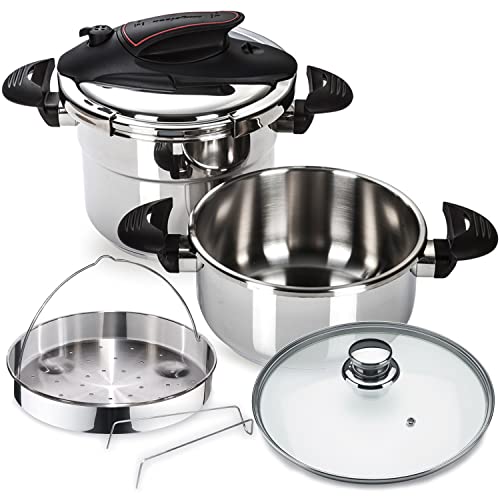 MAGEFESA ® Prisma Nido Complet olla a presión súper rápida de 4 y 6 litros, pack exclusivo cestillo + tapa de cristal, facil uso, acero Inoxidable, apta para todo tipo de cocinas, inducción, express