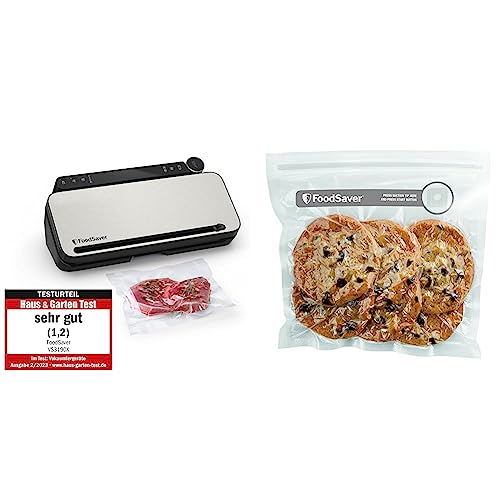 FoodSaver Premium VS3190X Envasadora al vacío, con cánula con adaptador para recipientes integrada, 1 Rollo + FVB015X Bolsas para envasador al vacío con cierre tipo zip, 0.95 litros