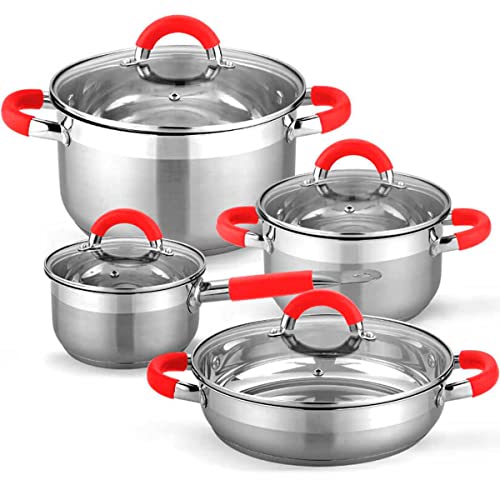 Gridinlux | Set de Cocina Elite Chef Munich | 8 Piezas | 4 Tapas de Vidrio Templado | Acero Inoxidable con Encapsulado Reforzado | Base Multisuperficie (Rojo)