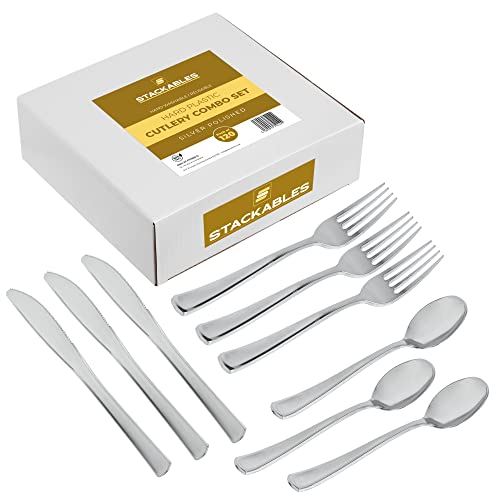 STACKABLES ~ Juego de cubiertos de plástico plateado pulido de 120 piezas ~ Combo de cubiertos de plástico de cucharas, tenedores y cuchillos, 40 de cada uno ~ Cubiertos de plástico duro ~ Cubiertos
