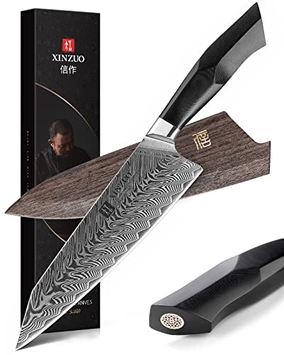 XINZUO Acero de Damasco Cuchillo Chef, 21.5cm Kiritsuke Cuchillo de Cocinero, Profesional Forjado de Gyuto Cuchillos de Cocina, Mango de Grado Militar G10, con Funda Magnética -Serie Feng