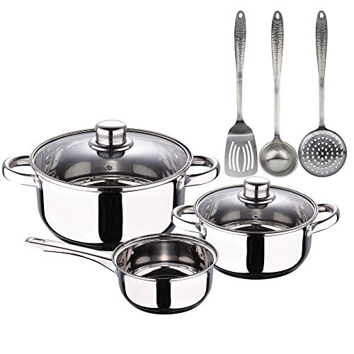 San Ignacio Batería de cocina 5 piezas Cazo Ø16 / Cacerolas Ø18 y Ø20, acero inoxidable, inducción + Set utensilios de cocina 3pcs en acero inoxidable con mangos decorados efecto martillado