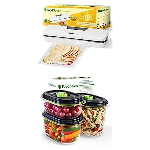 FoodSaver Everyday envasadora al vacío on 5 bolsas para envasar al vacío (0,94 l y 3,78 l) + Recipiente para conservar y marinar al vacío FoodSaver | 700 ml, 1,2L y 1,8L | 3 Unidad (Paquete de 1)