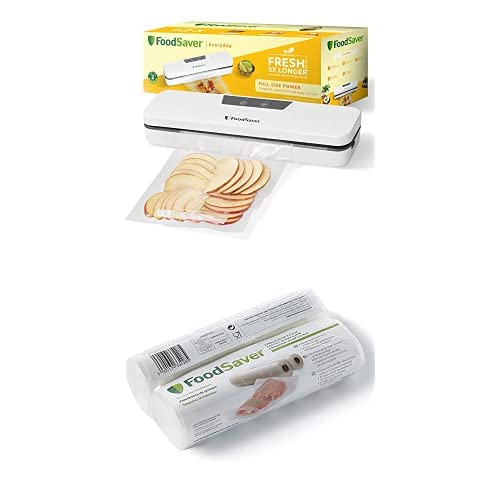 FoodSaver Everyday envasadora al vacío on 5 bolsas para envasar al vacío (0,94 l y 3,78 l) + Bolsas de envasado al vacío reutilizables | Dos rollos de bolsas de envasado al vacío (20 cm x 6,7 m)